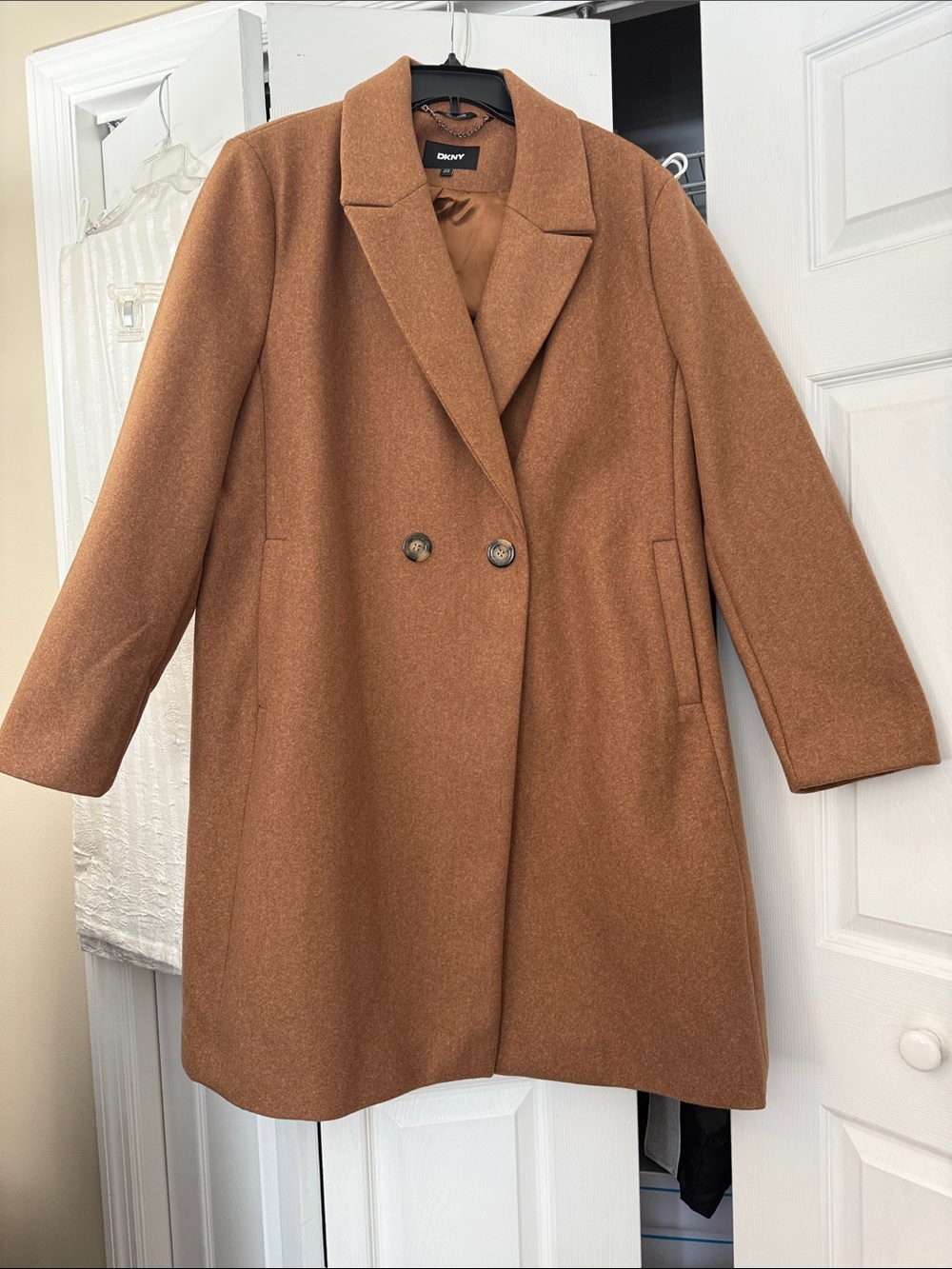 DKNY Camel Double-Breasted Wool Pea Coat